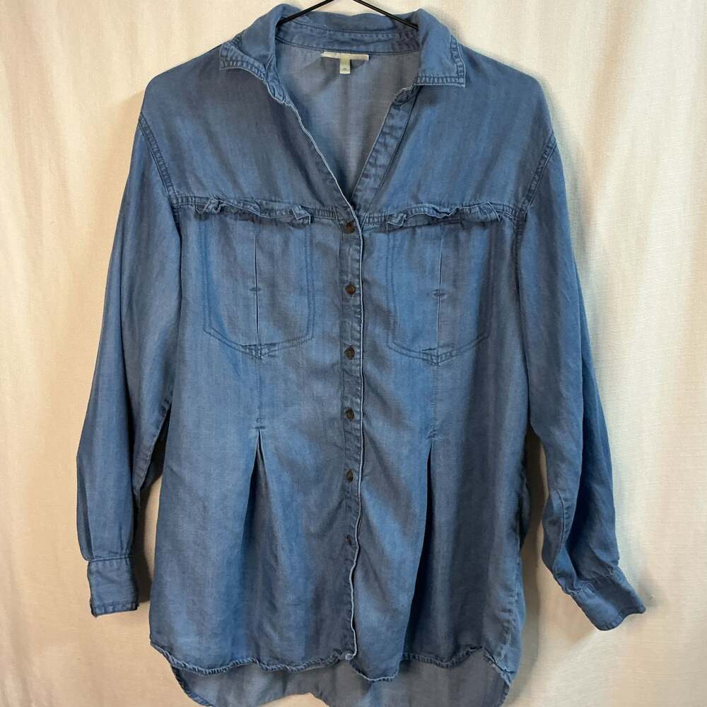 Hester & Orchard Long Sleeve Lyocell Denim Button Down Shirt with Ruffle Detail
